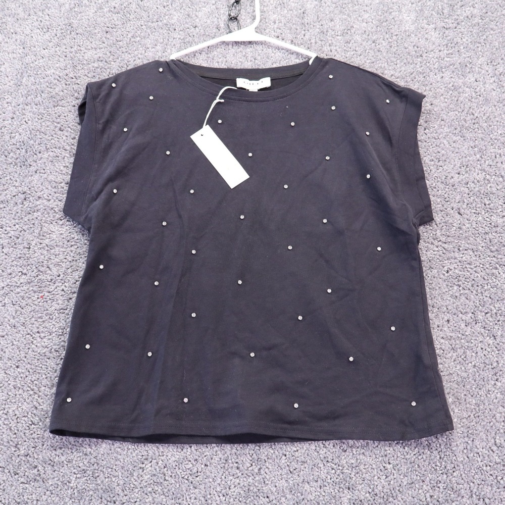 Gilli T Shirt Womens Small Black Rhinestone Studded Cap Sleeve NWT